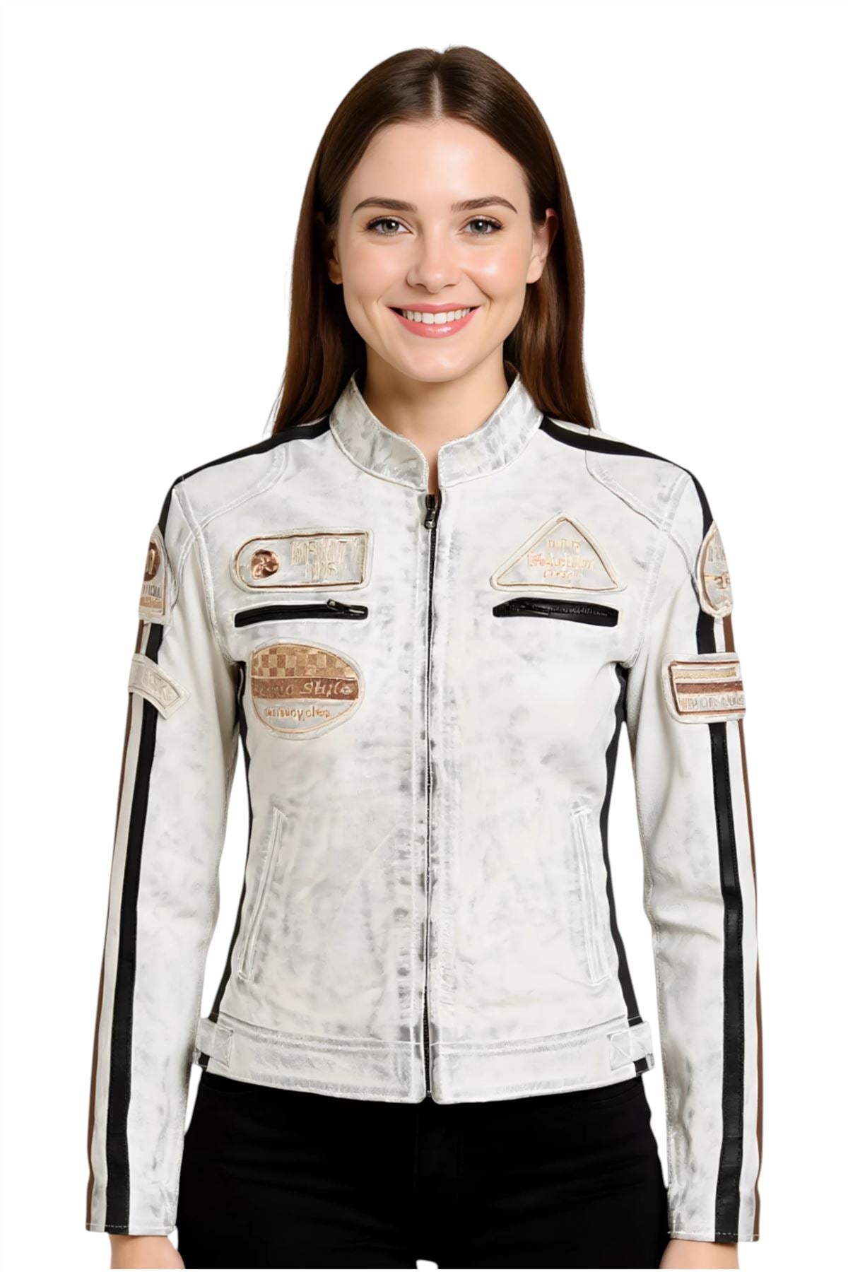 Womens Leather Biker Racing Badges Jacket-Agadir