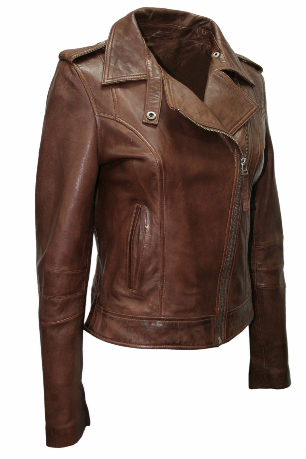 Womens Chestnut Leather Biker Jacket-Reynosa