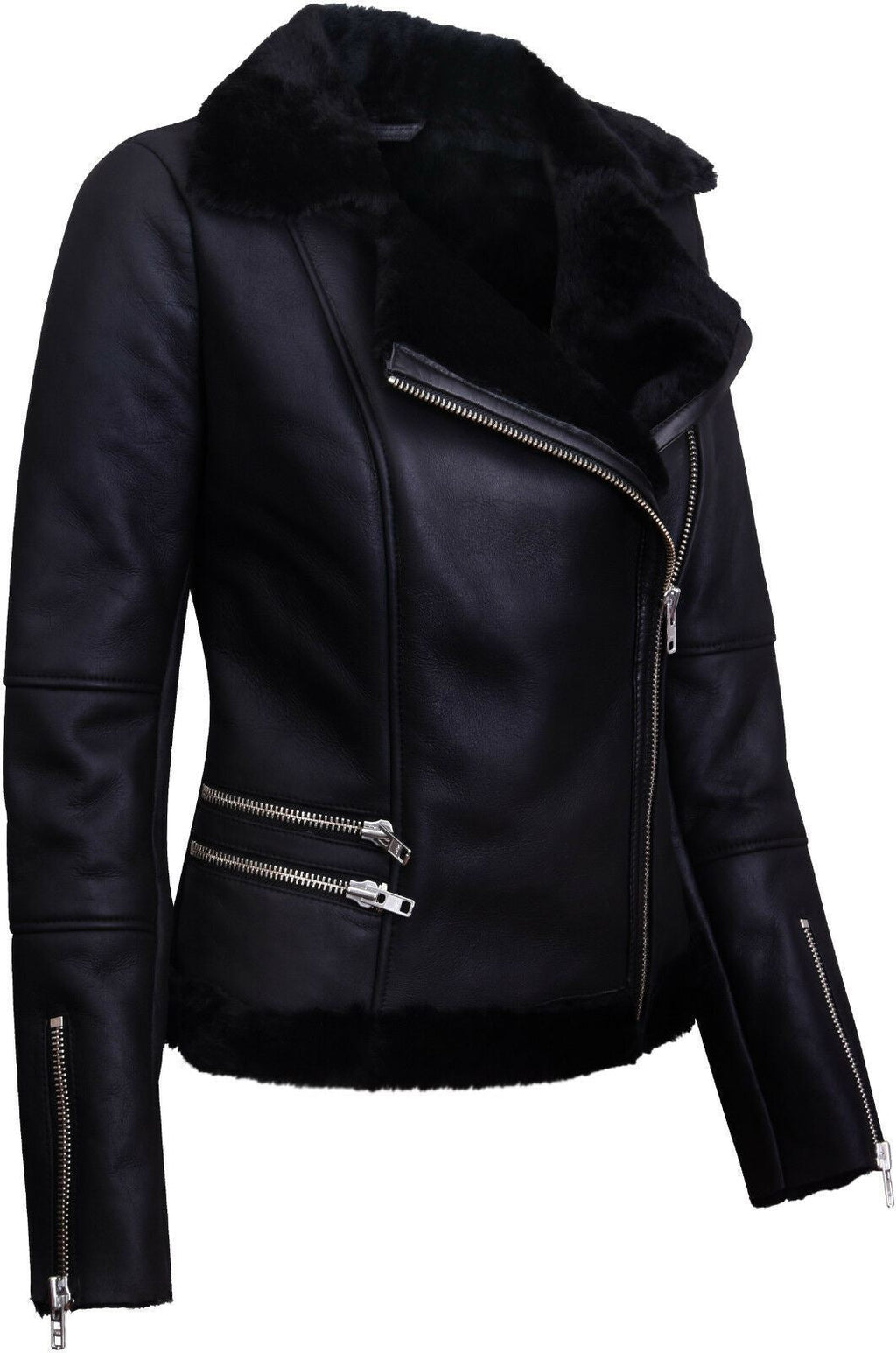 Womens Black Shearling Sheepskin Aviator Jacket-Kiev