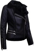 Womens Black Shearling Sheepskin Aviator Jacket-Kiev