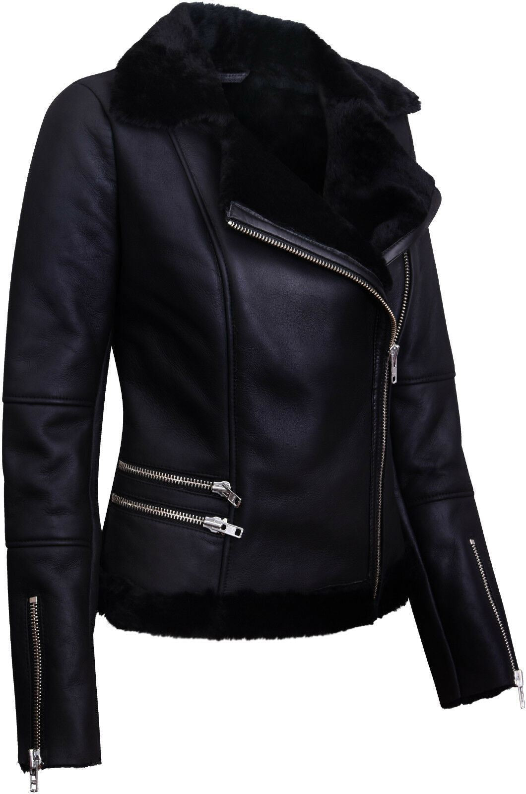 Womens Black Shearling Sheepskin Aviator Jacket-Kiev