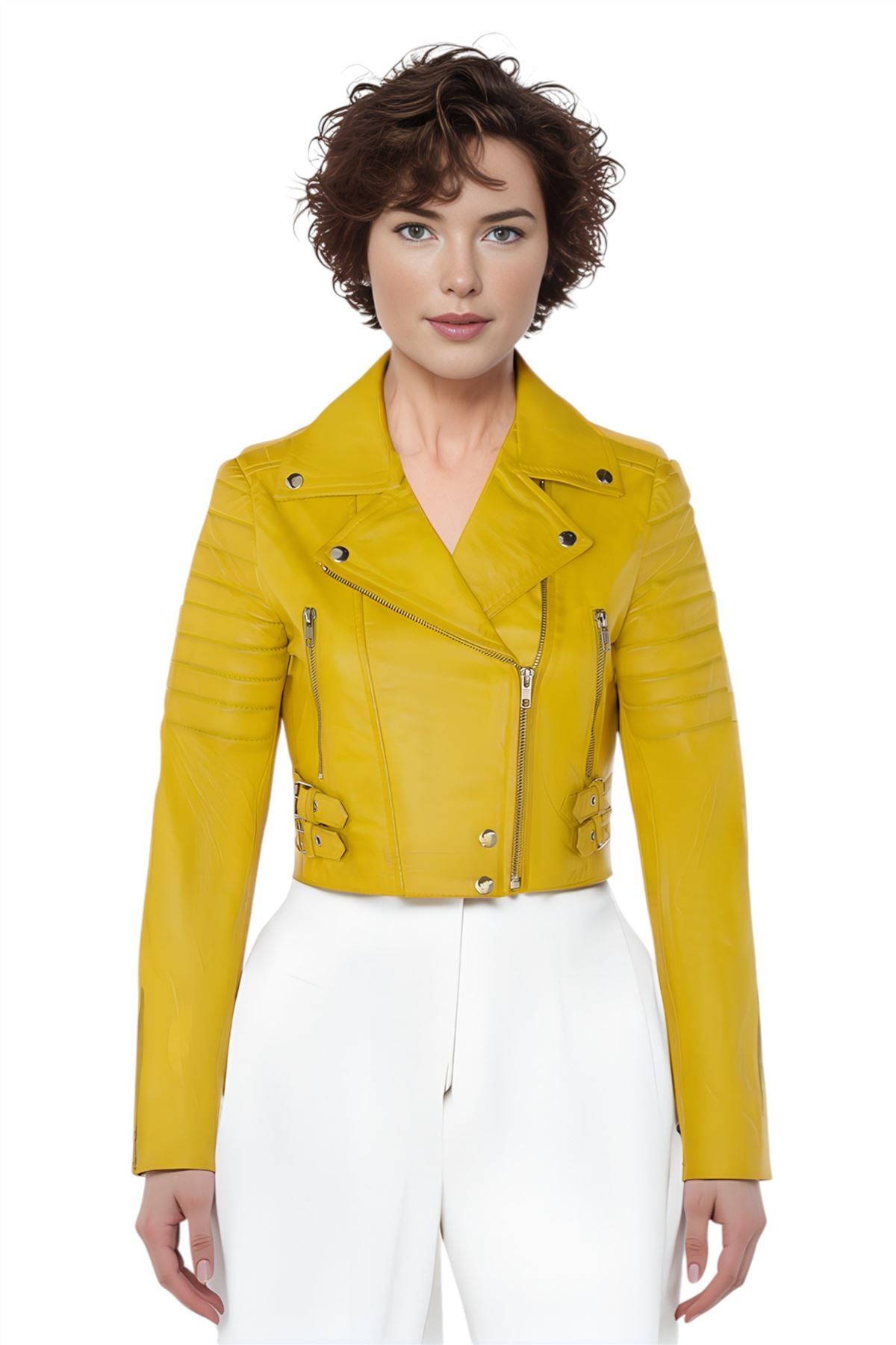 Womens Cropped Brando Leather Biker Jacket-Damascus