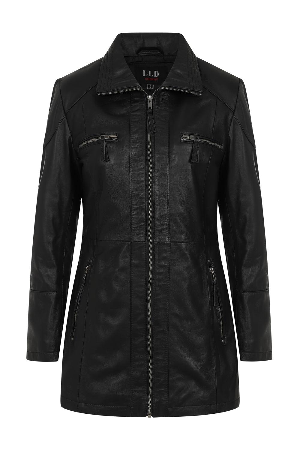 ALEXA Women's Hip Length Black Lamb Nappa Leather Jacket