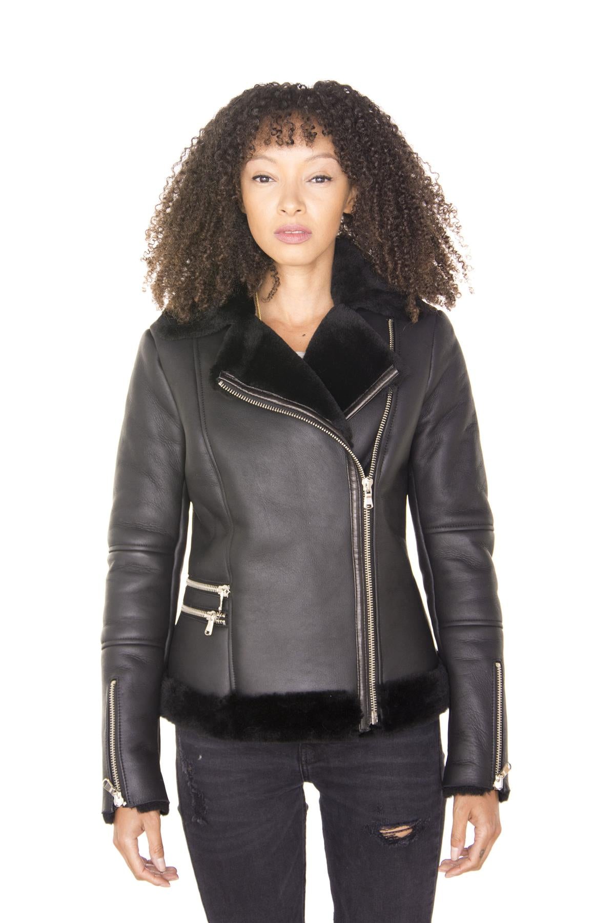 Womens Black Shearling Sheepskin Aviator Jacket-Kiev