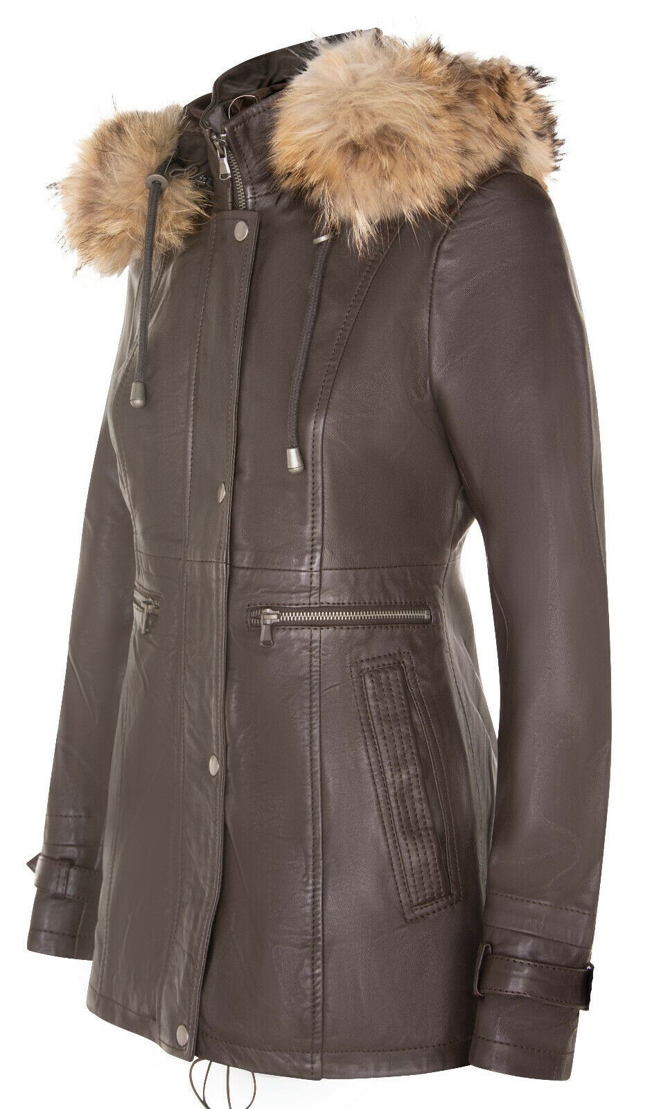 Womens Leather Hooded Parka Jacket-Putian