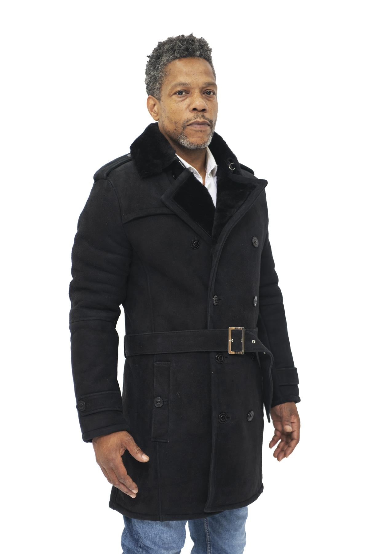 Mens Shearling Sheepskin Suede Pea Coat-Cali