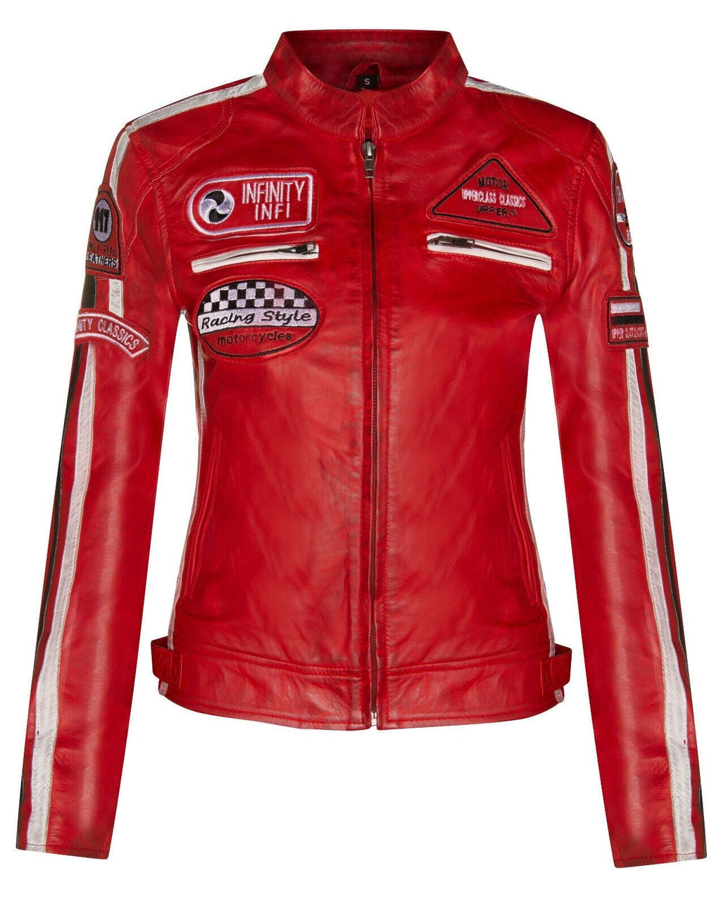 Womens Leather Biker Racing Badges Jacket-Agadir