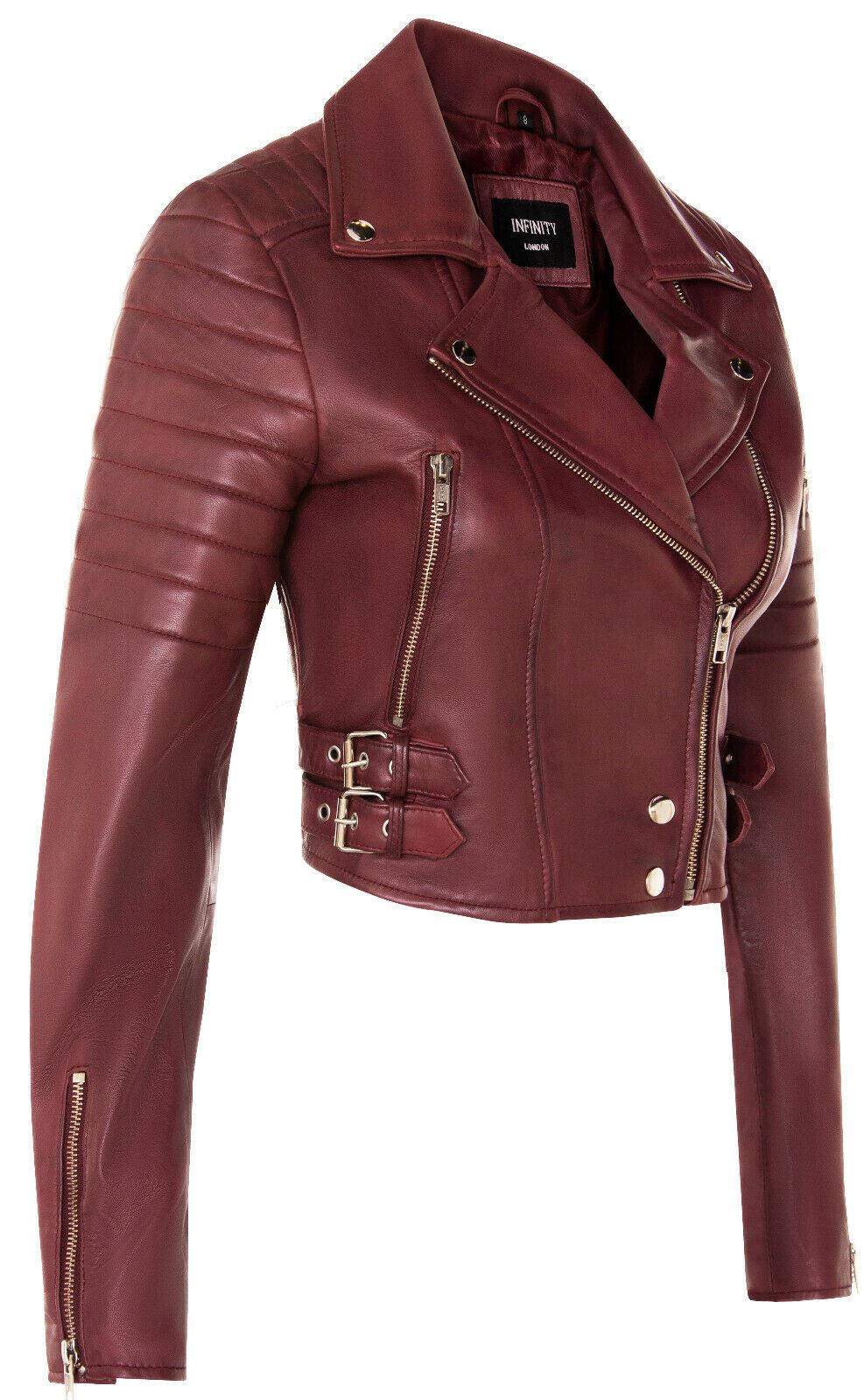 Womens Cropped Brando Leather Biker Jacket-Damascus