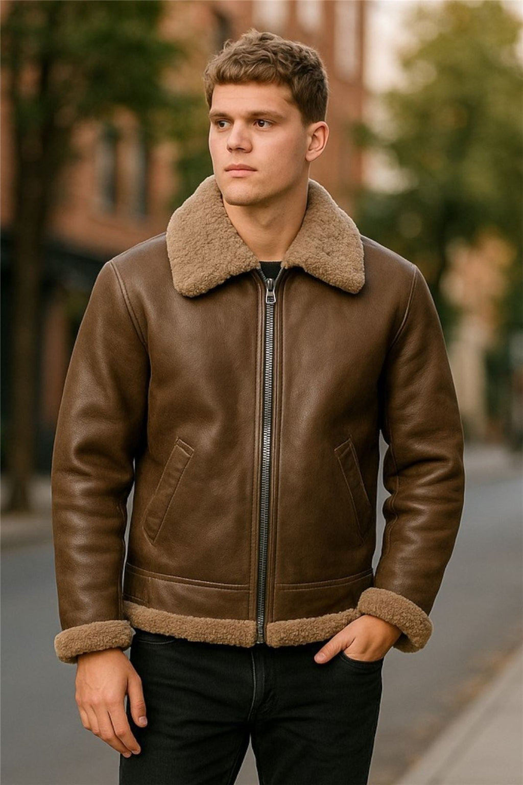 Mens B3 WW2 Sheepskin Leather Flying Aviator Jacket-Houston