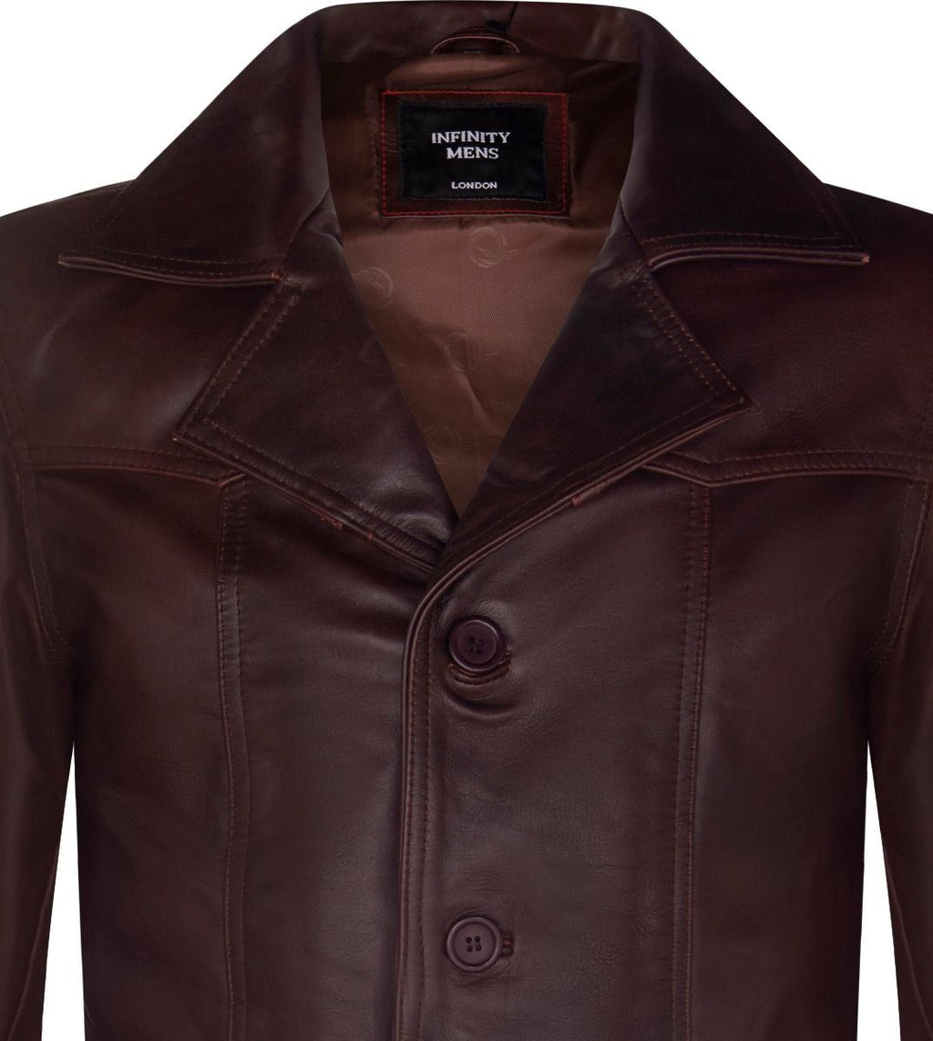 Men’s Brown Vintage Trench Style Crombie Leather Coat-Macau