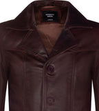 Men’s Brown Vintage Trench Style Crombie Leather Coat-Macau