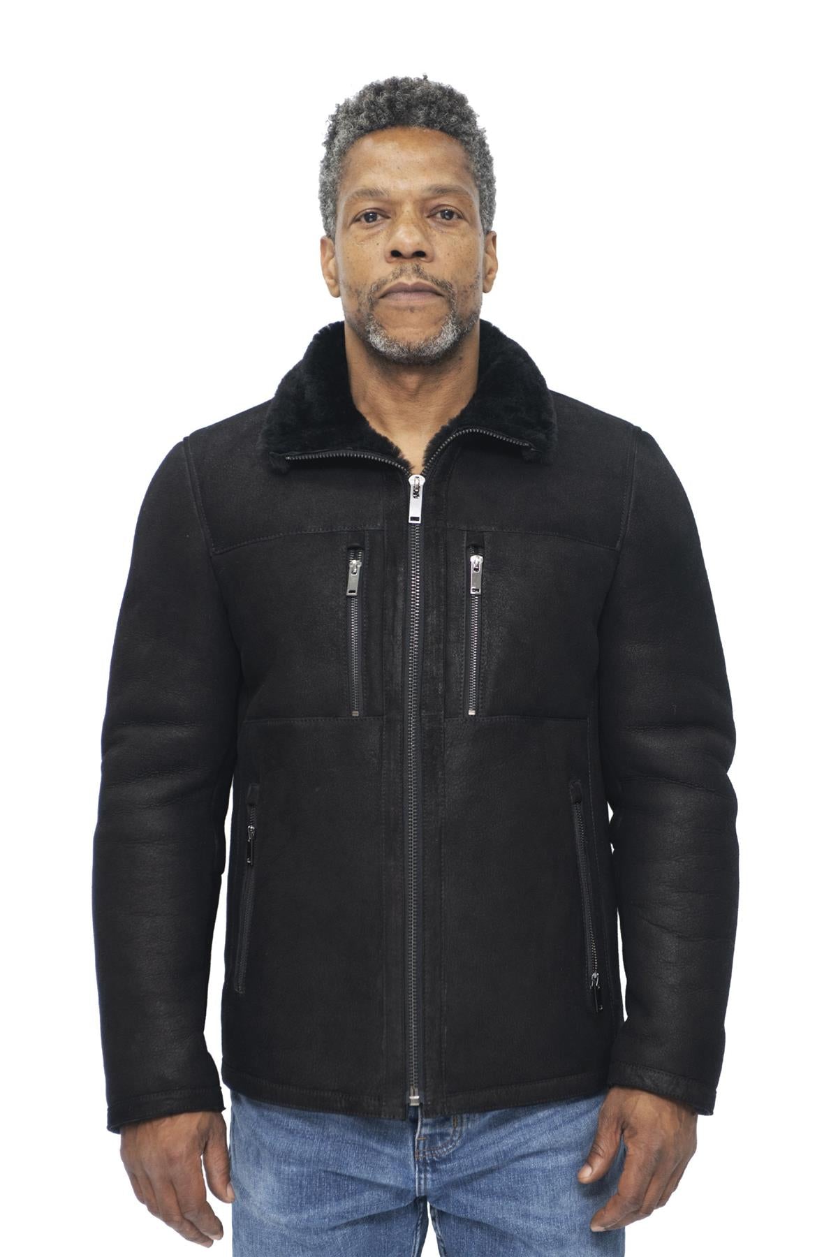 Mens Sheepskin Biker Bomber Jacket-Agboville