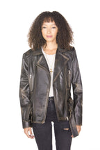 Womens Long Leather Biker Jacket-Quito