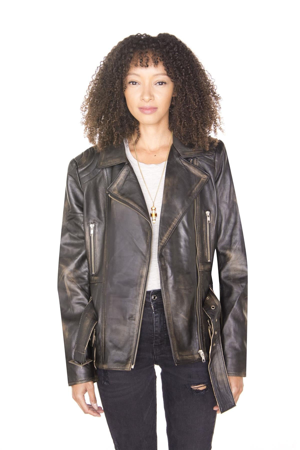 Womens Long Leather Biker Jacket-Quito