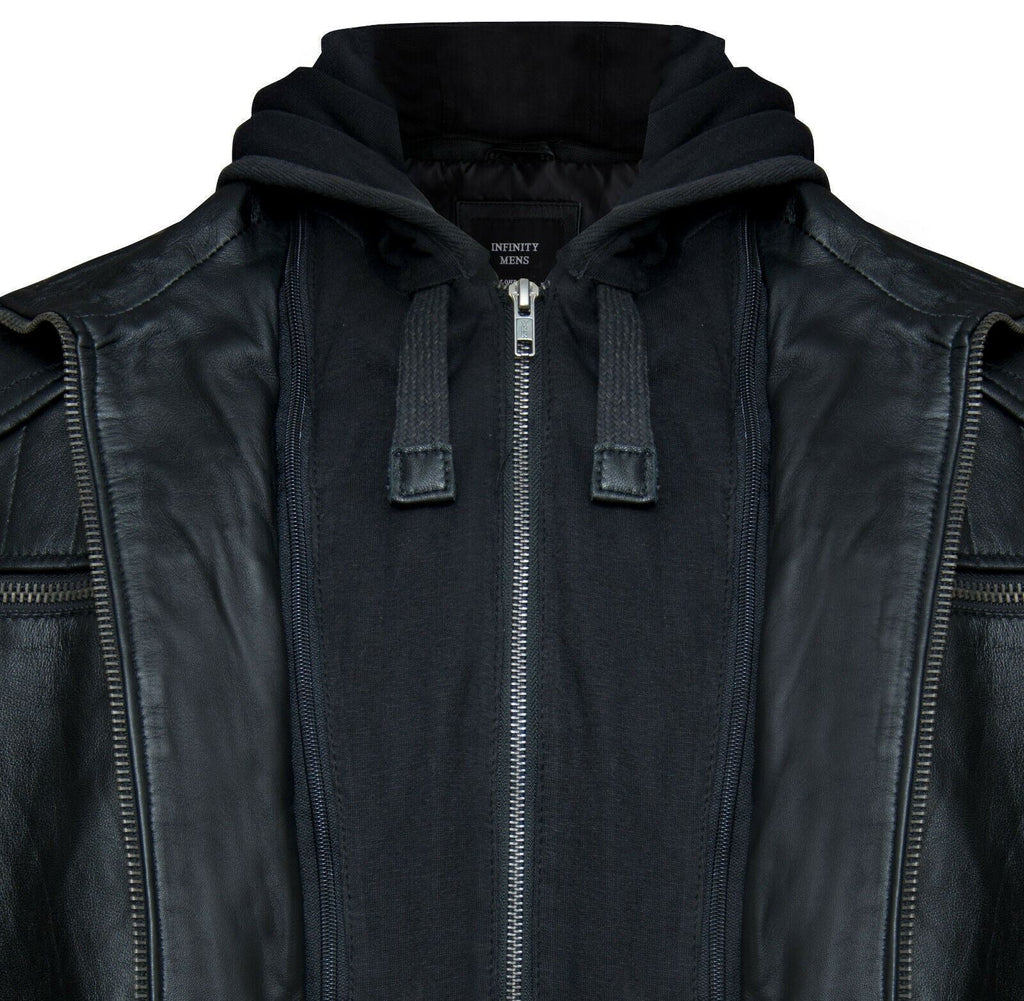 Mens Black Hooded Leather Biker Jacket-Salvador