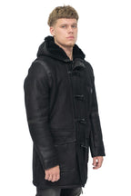 Mens Winter Sheepskin Leather Hooded Duffle Coat-Montpellier
