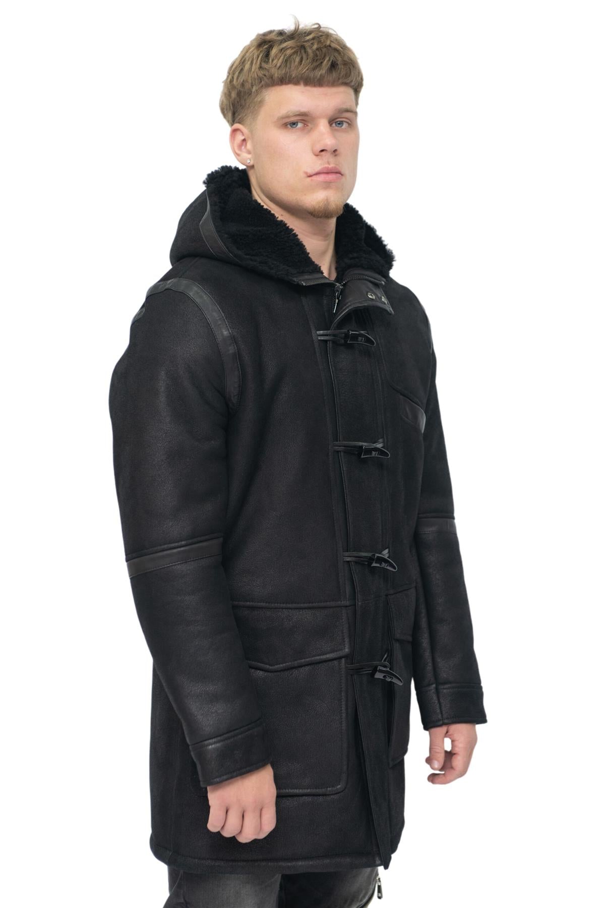 Mens Winter Sheepskin Leather Hooded Duffle Coat-Montpellier