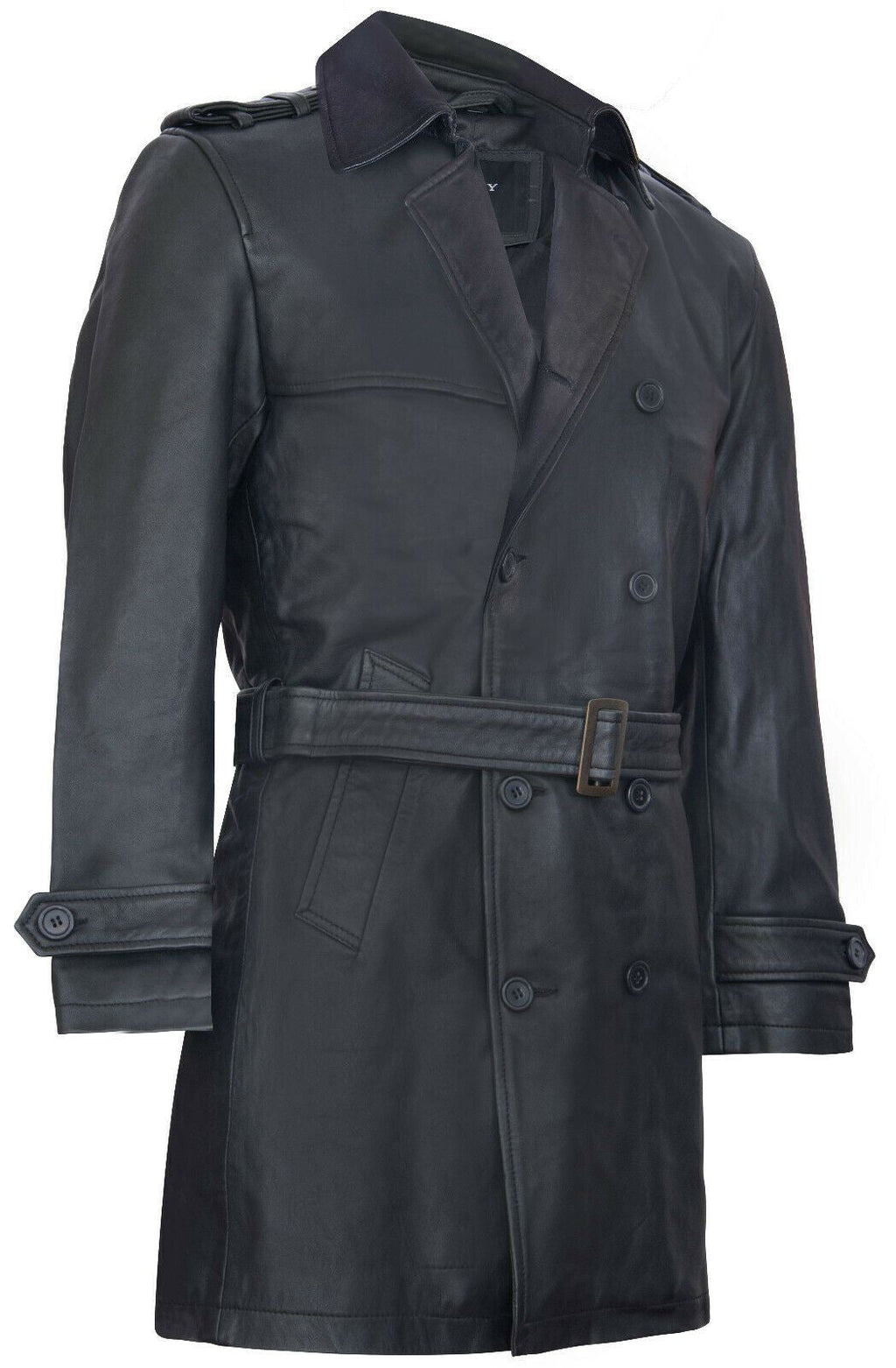 Mens Black Leather Trench Coat-Memphis