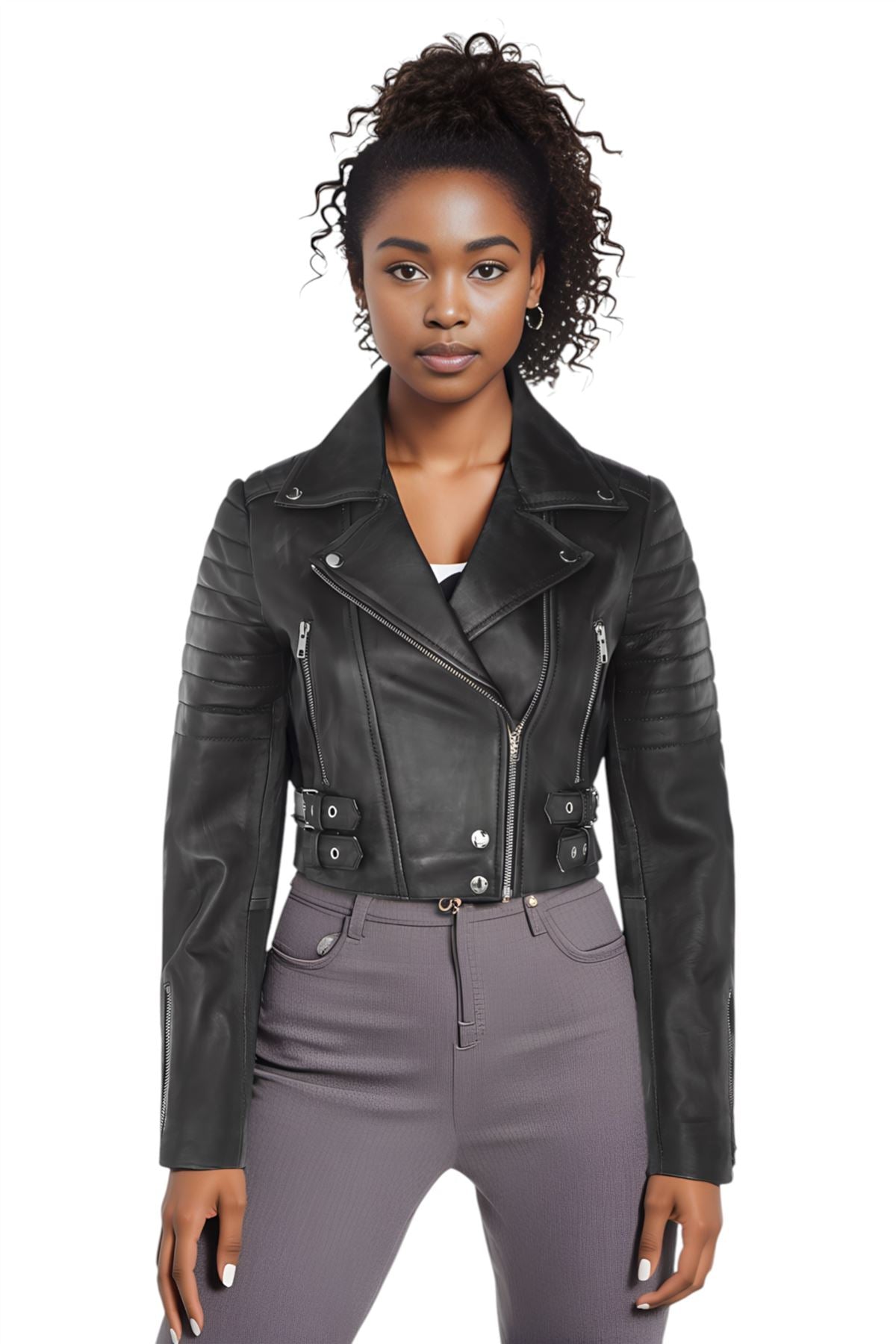 Womens Cropped Brando Leather Biker Jacket-Damascus