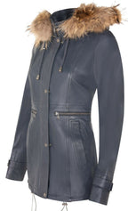 Womens Warm Leather Hooded Parka Jacket-Northwich