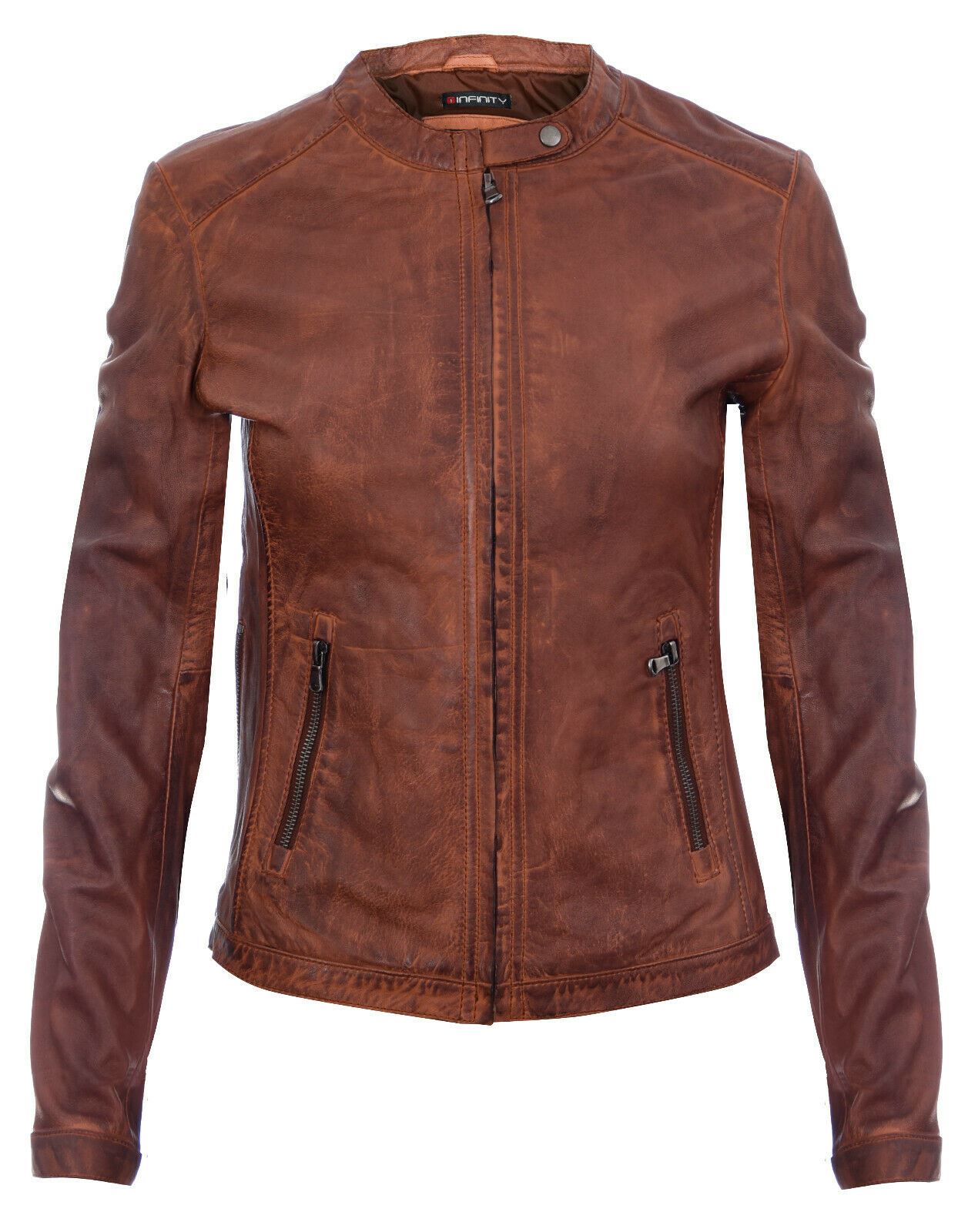 Womens Tan Leather Biker Jacket-Prague
