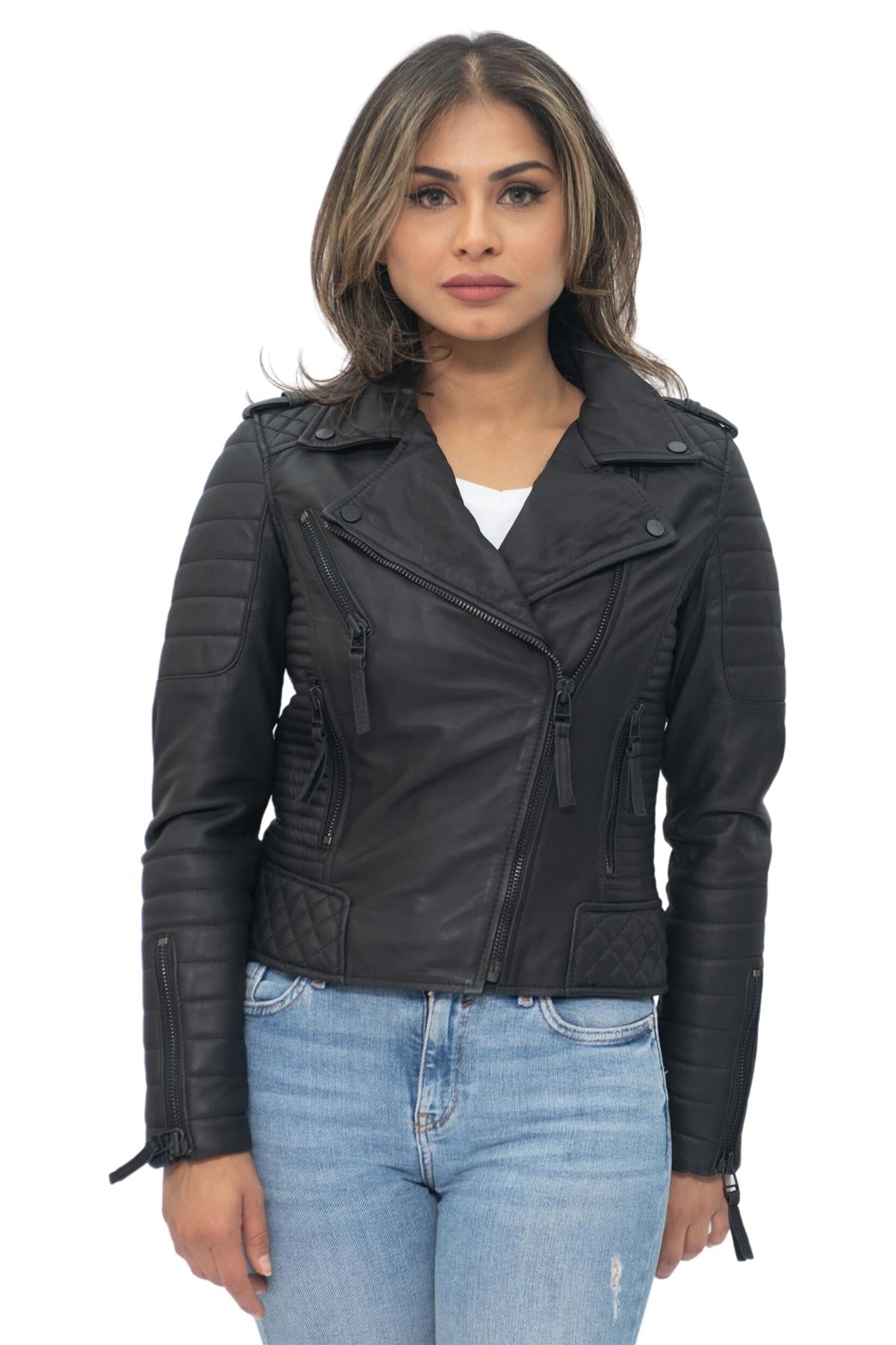 Womens Leather Quilted Vintage Brando Biker Jacket-Lusaka