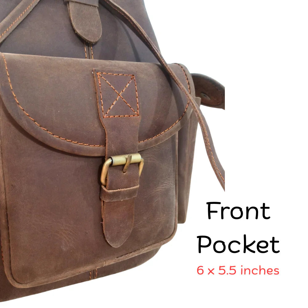 Vintage Dark Brown Leather Backpack - Handmade Leather Drawstring Bag