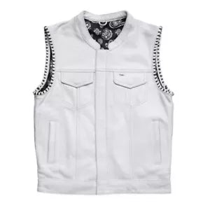 Men's White Leather Vest Black Paisley Lining & Thread Concealed Waistcoat