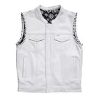 Men's White Leather Vest Black Paisley Lining & Thread Concealed Waistcoat
