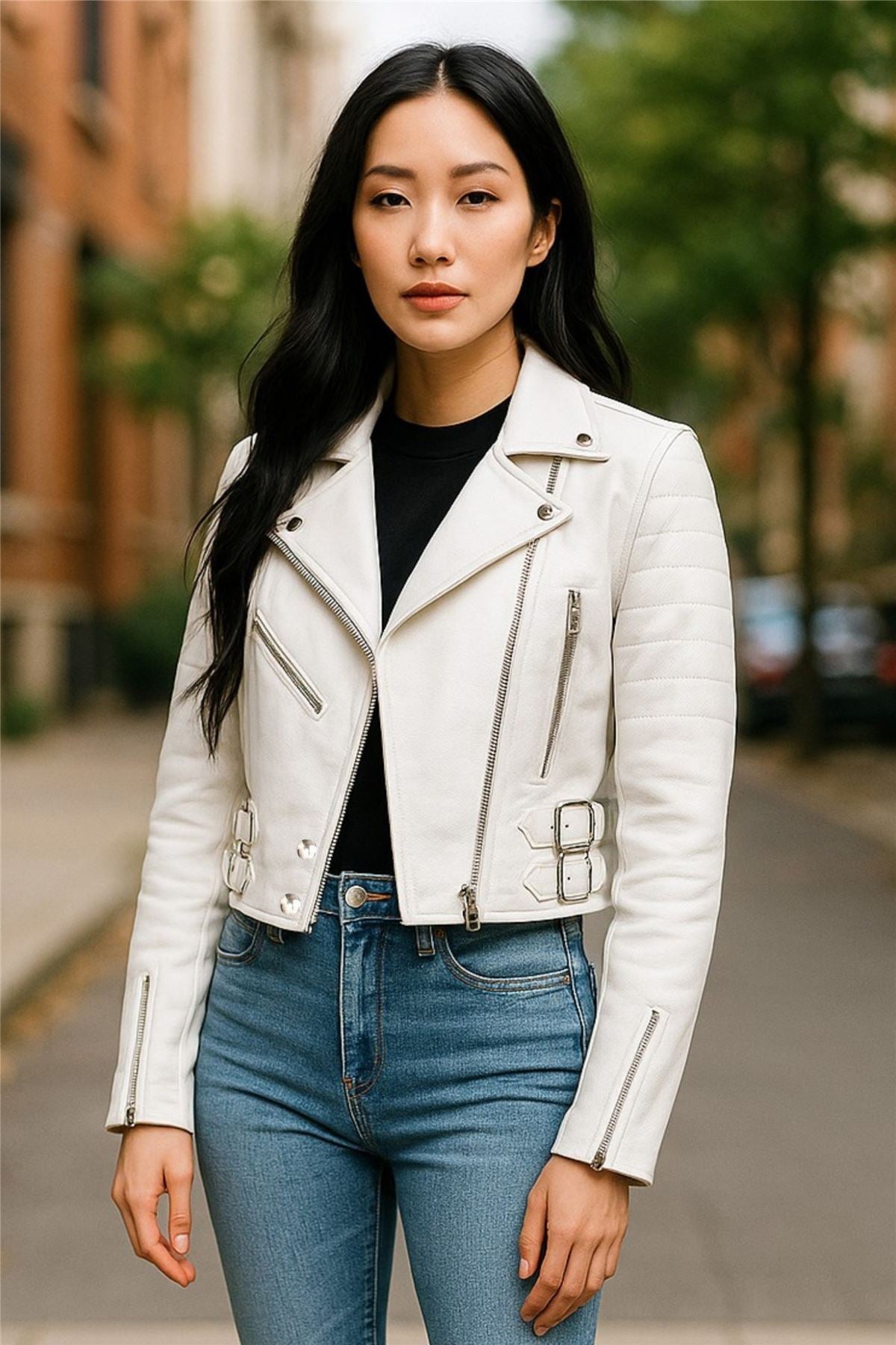 Womens Cropped Brando Leather Biker Jacket-Damascus