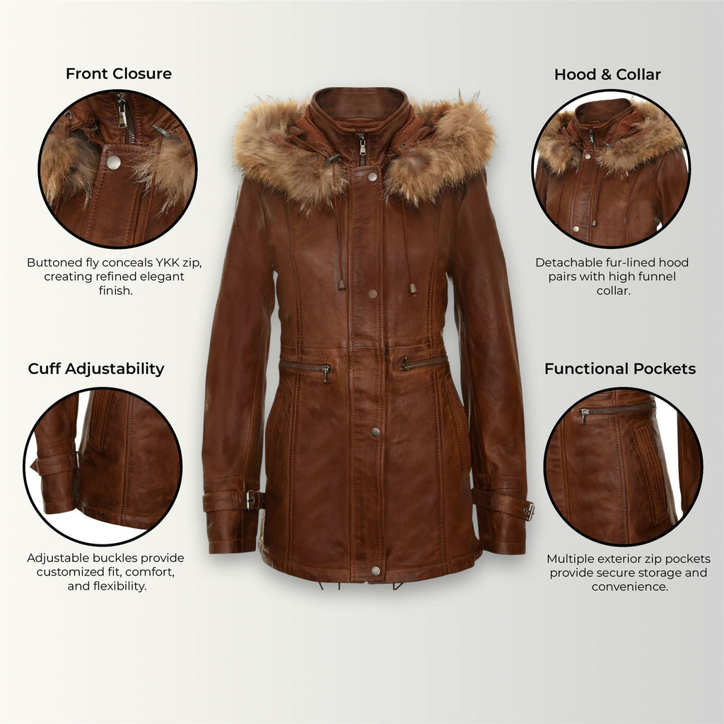 Womens Leather Hooded Parka Jacket-Putian