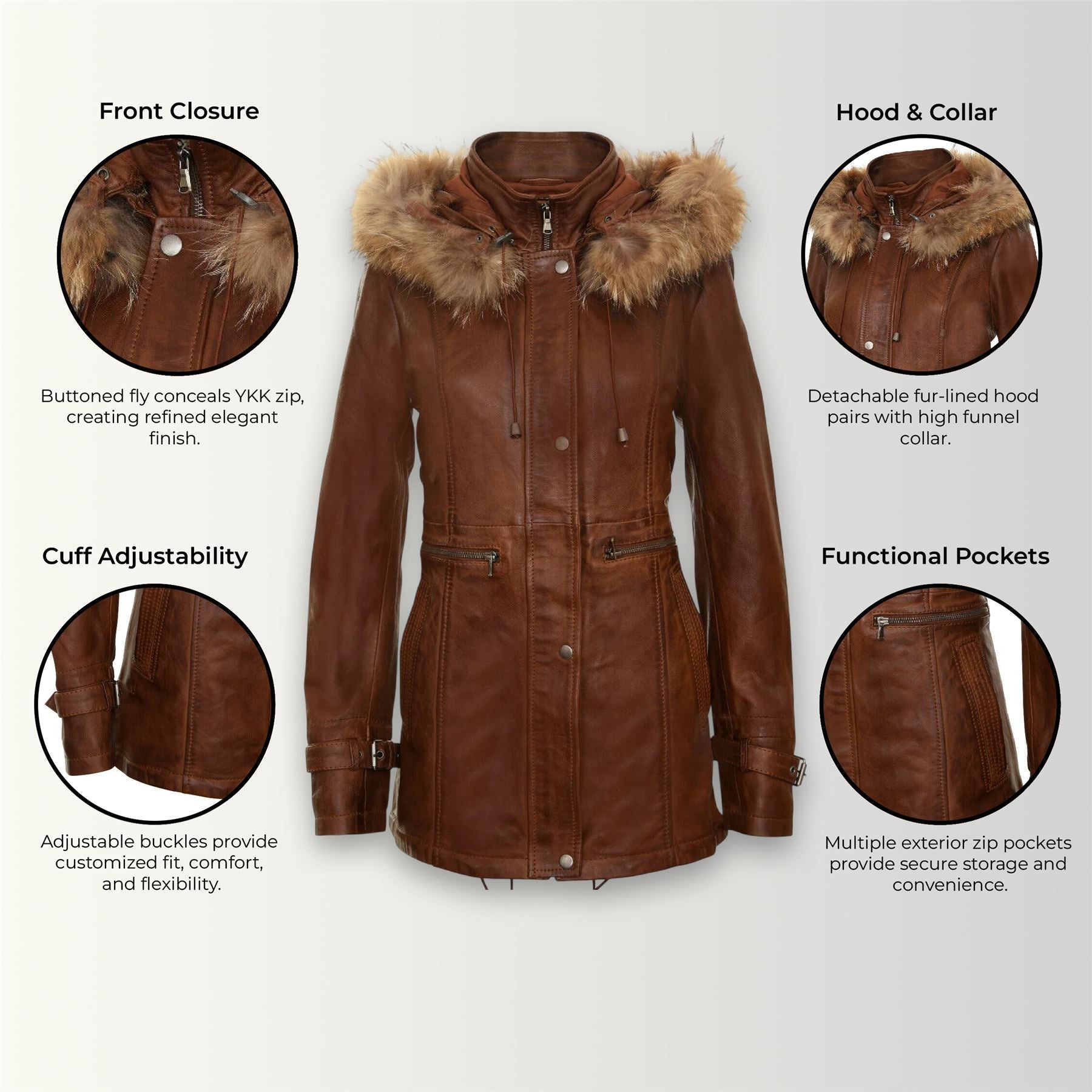 Womens Leather Hooded Parka Jacket-Putian