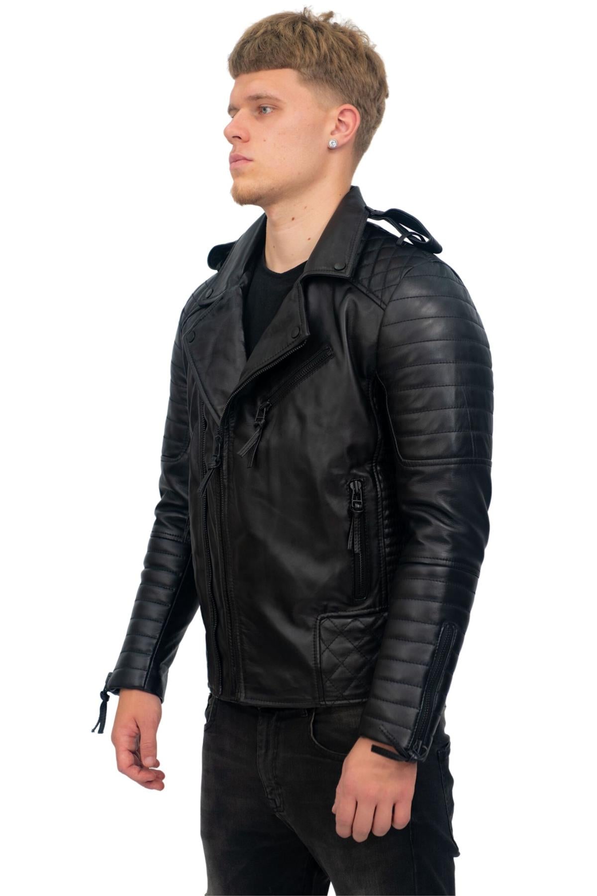 Mens Slim-Fit Double Zip Brando Leather Biker Jacket-Cairo