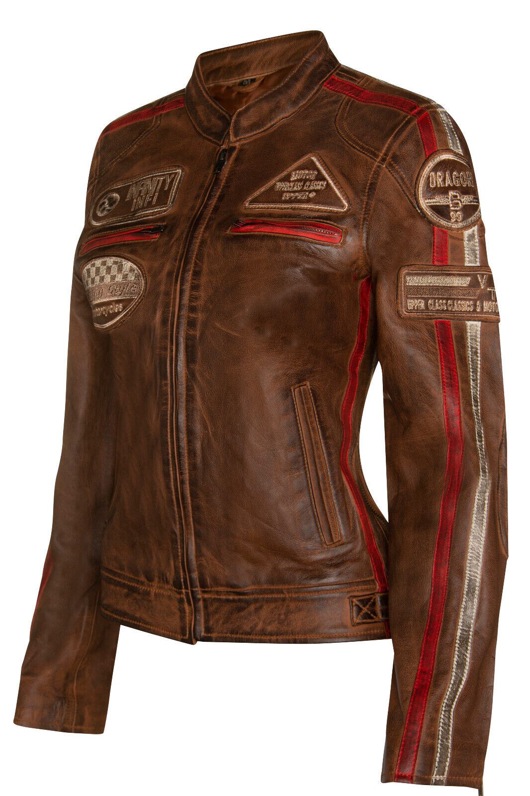 Womens Leather Biker Racing Badges Jacket-Agadir