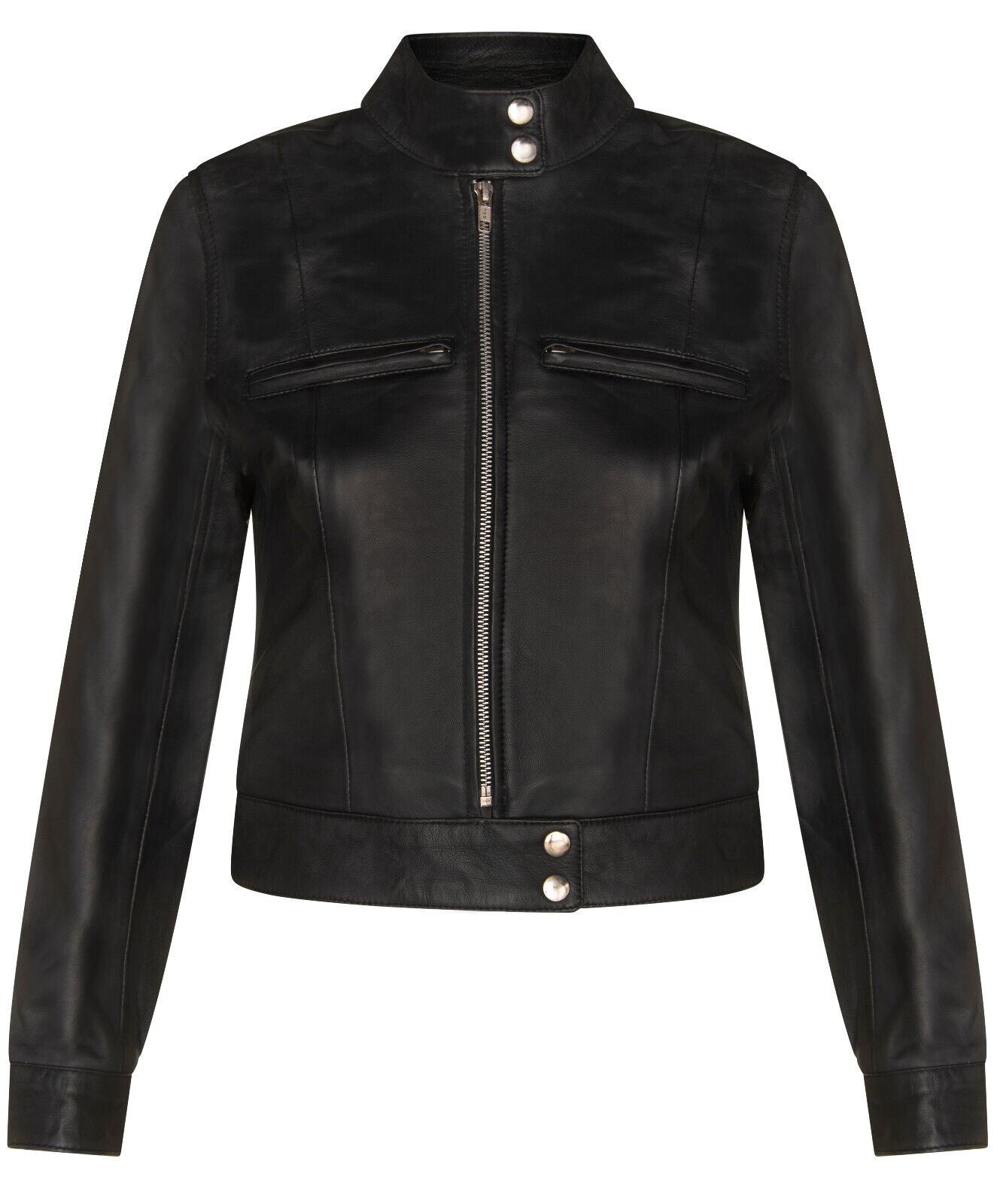 Womens Plain Leather Moto Biker Jacket-Braga