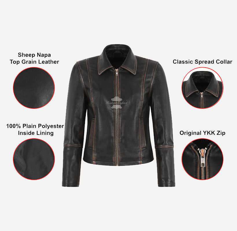 CASIDY Women Vintage Collared Leather Jacket Boxy Fit