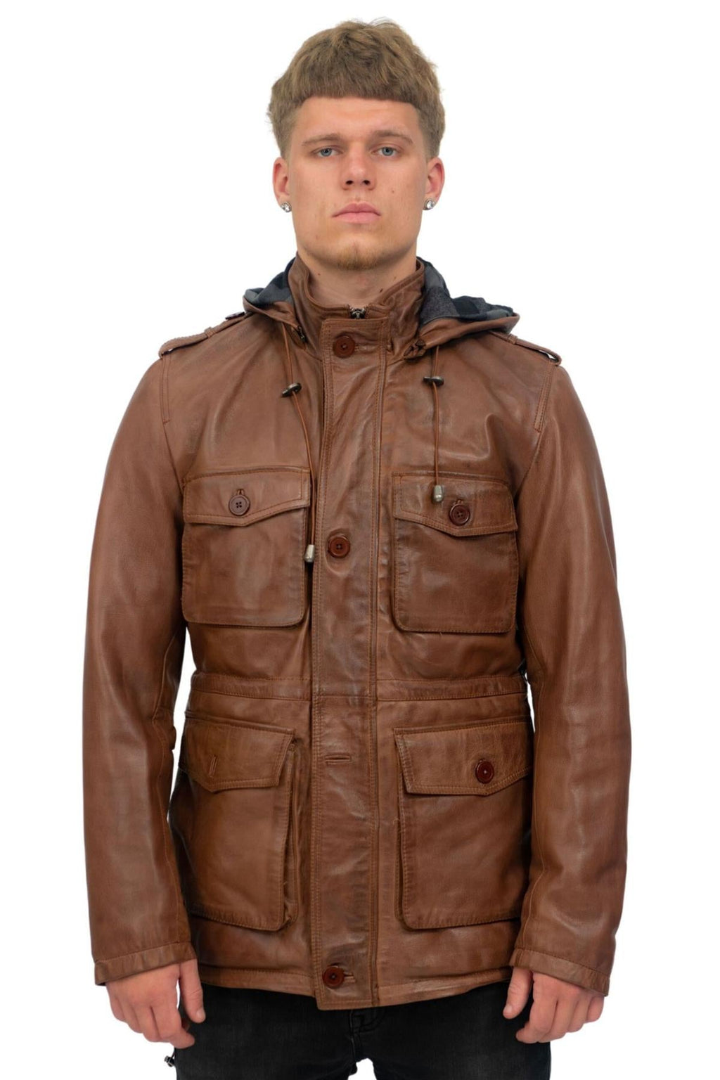 Mens Leather Hooded Trench Coat-Medellin