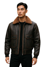 Men's Brown Leather Bomber Sheepskin Collar G-1 Pilot Jacket - Trick