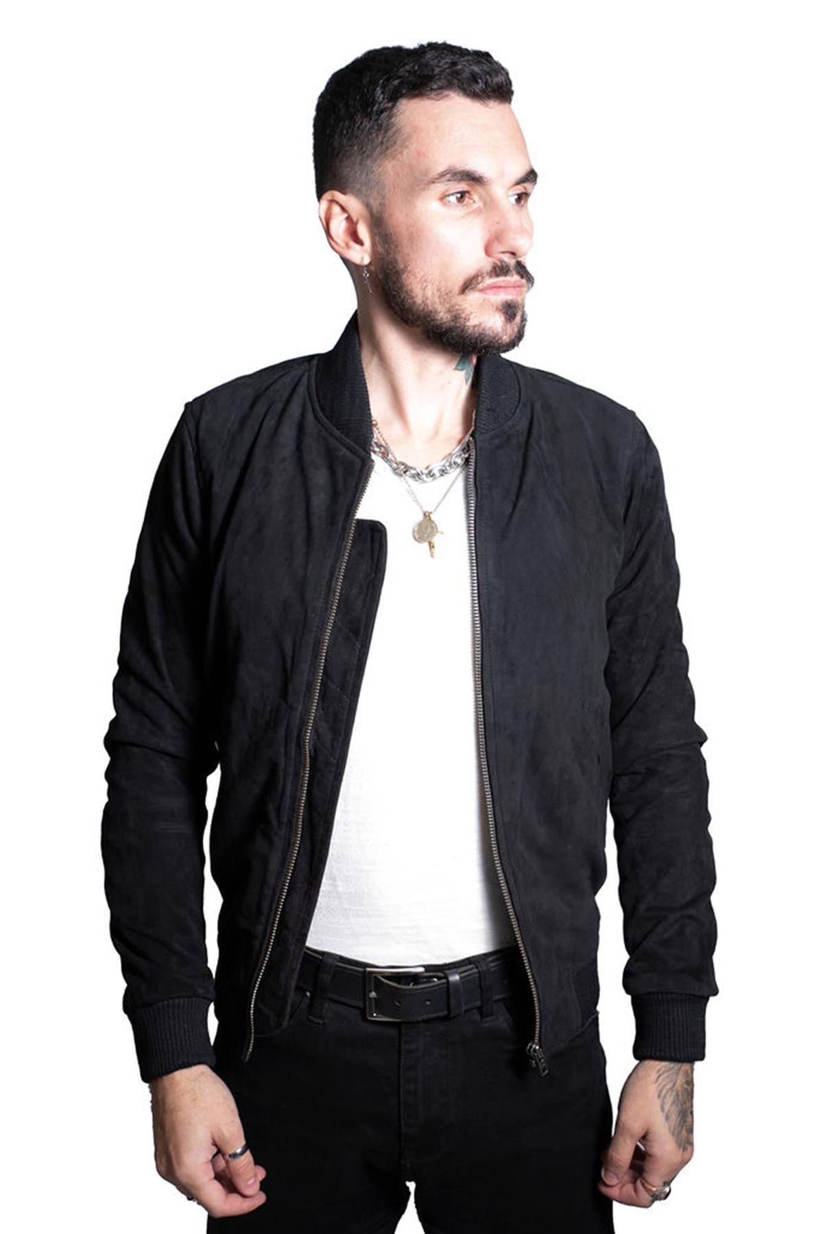 Mens Retro Goat Suede Varsity Leather Bomber Jacket-Athens