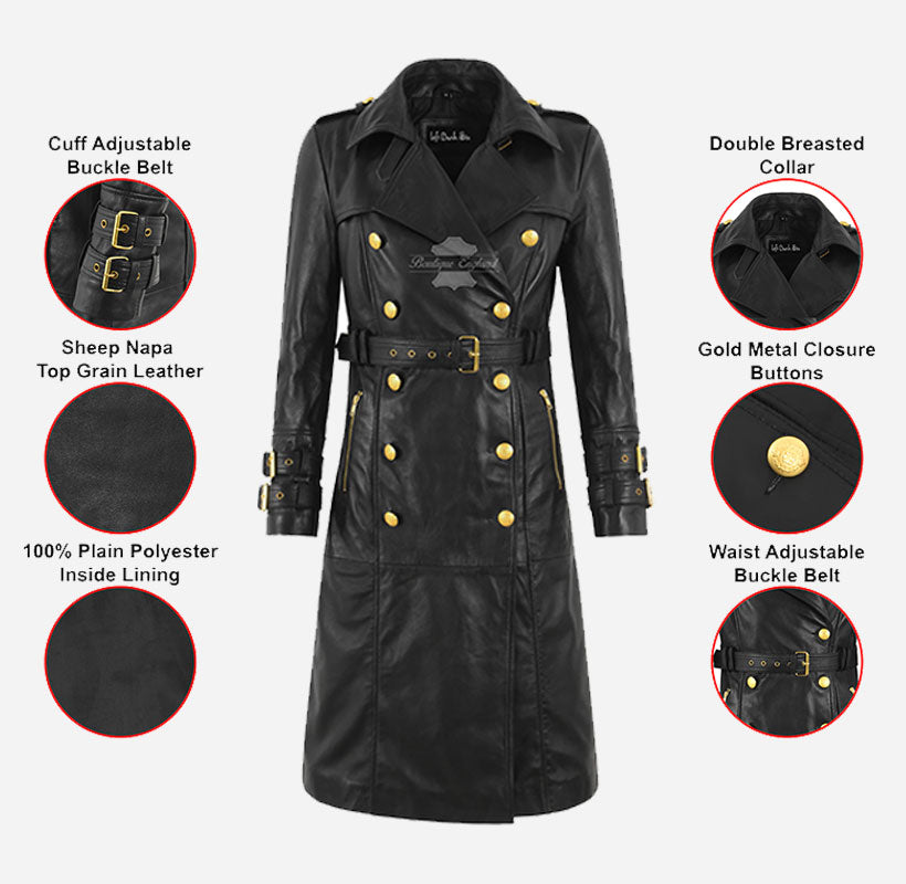 ROYAL AFFINITY Women's Double Breasted Long Leather Coat Black