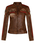 Womens Leather Biker Racing Badges Jacket-Agadir
