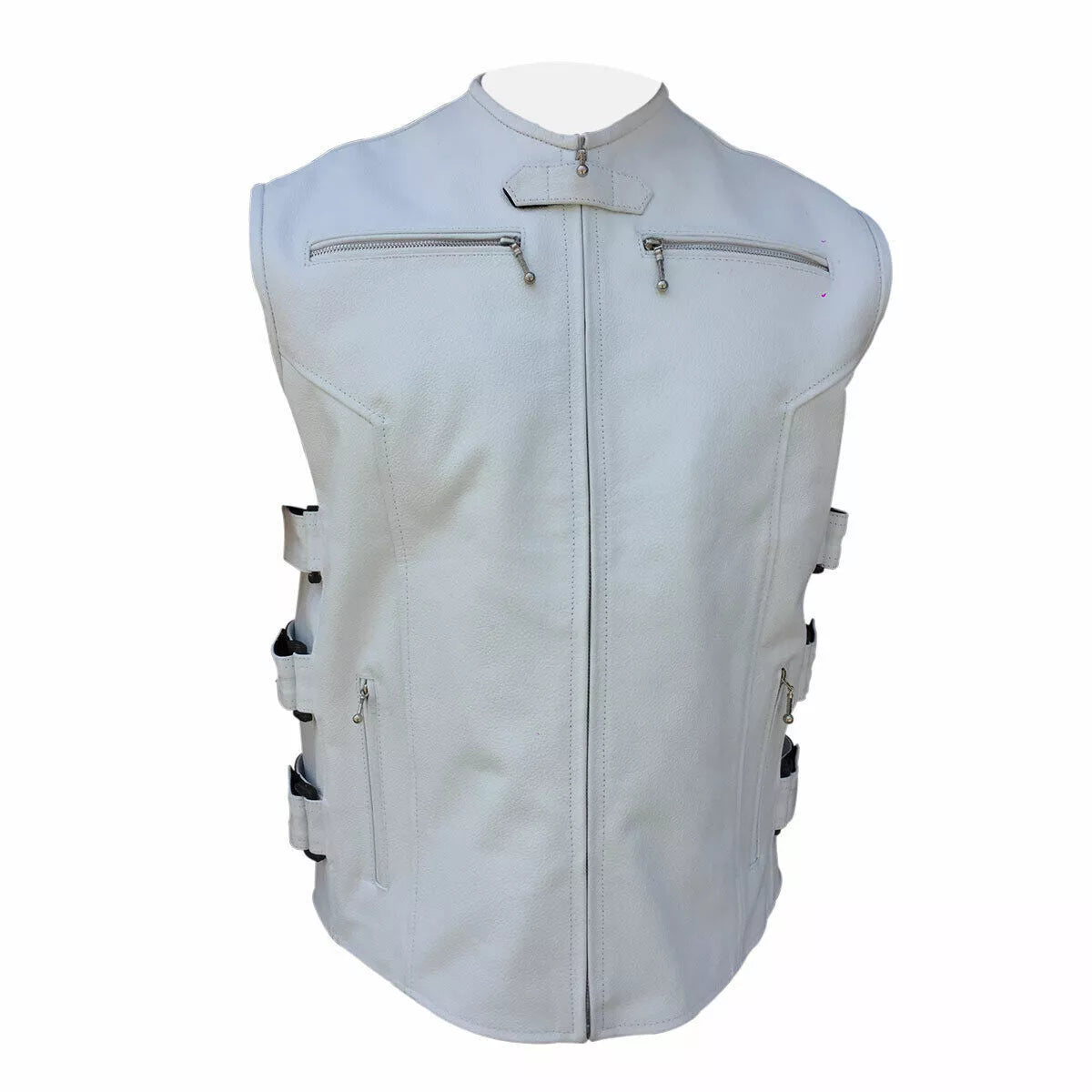 Leather Vest for Men White Vest for Motorcycle Club Wear Waistcoat