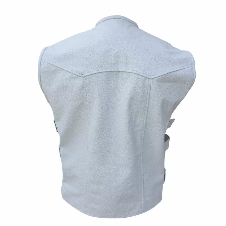 Leather Vest for Men White Vest for Motorcycle Club Wear Waistcoat