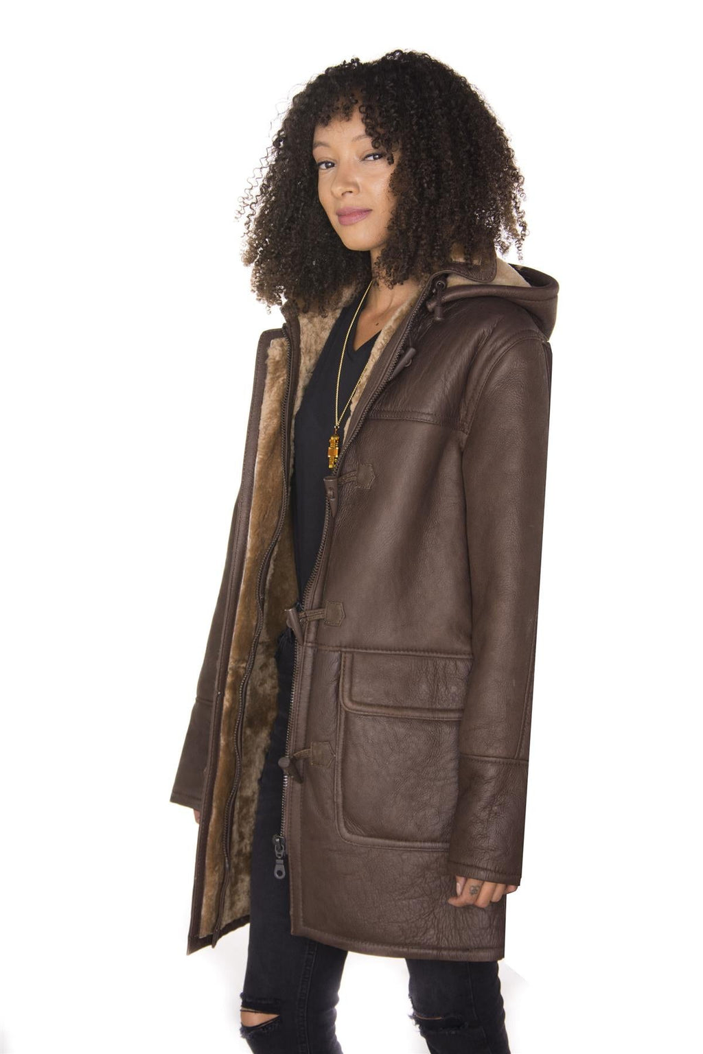 Womens Brown Hooded Sheepskin Leather Duffle Coat-Charlotte