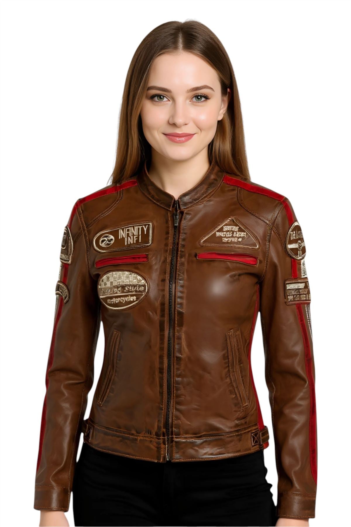 Womens Leather Biker Racing Badges Jacket-Agadir