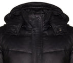 Mens Black Puffer Leather Quilted Warm Bomber Hooded Jacket