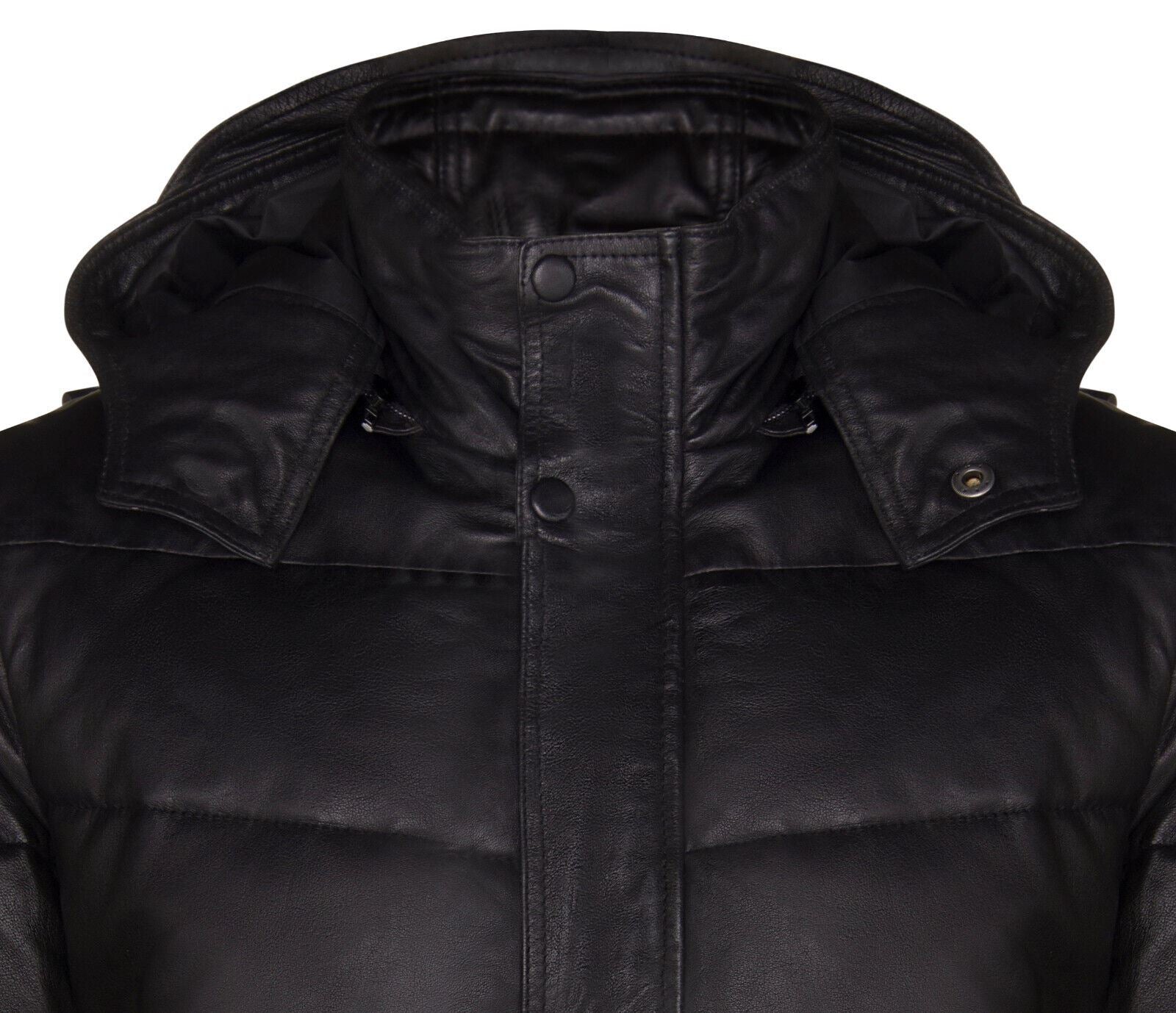 Mens Black Puffer Leather Quilted Warm Bomber Hooded Jacket