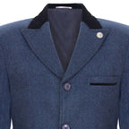 Mens 3/4 Long Navy Crombie Overcoat Jacket Herringbone Tweed Coat Peaky Blinder