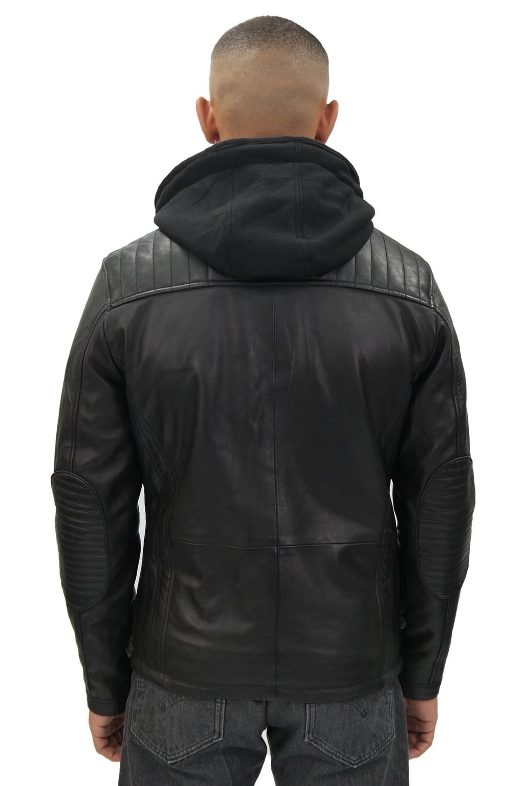 Mens Black Hooded Leather Biker Jacket-Salvador