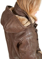 Womens Brown Hooded Sheepskin Leather Duffle Coat-Charlotte